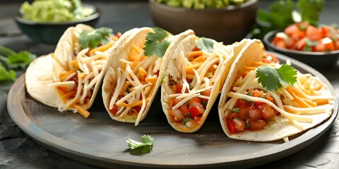 Canvas Print - Delicious and Authentic Spicy Mexican Tacos with Salsa, Guacamole, and Cheese. Concept Mexican cuisine, Tacos, Spicy delicacies, Salsa, Guacamole, Cheese