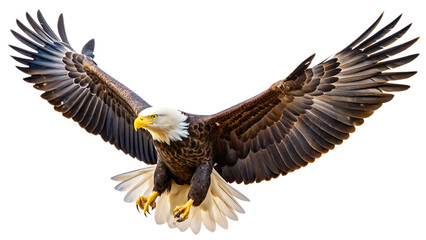 Wall Mural -  A spread-wing bald eagle soars in the sky. Isolated on white background. AI GENERATED