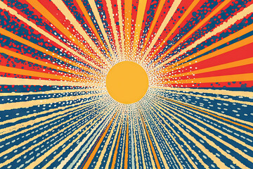 Wall Mural - Sun burst in retro style with grungy dots. Vintage sun rays background..