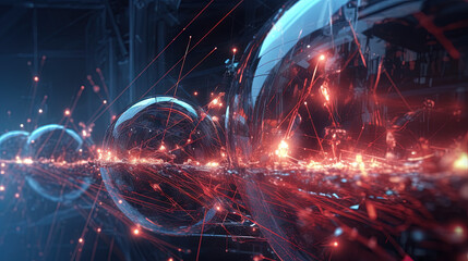 Poster - Abstract technology burst with glowing wires and particles in motion. Technology and science dynamic background.