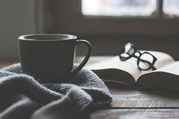 Un libro y una taza de café o té en una mesa con un libro encima u gafas para leer