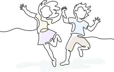 Sticker - Happy jumping children holding hands. Continuous one line drawing
