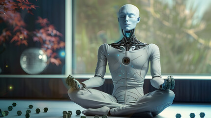Poster - a calm robot manager meditating woth money 