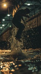 Wall Mural - Young man backflipping with water under bridge at night