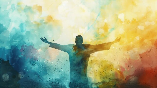 Back view of a man in worship on watercolor background