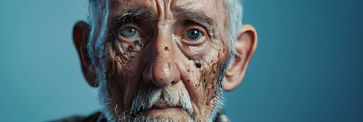 sad old man with a beaten face and a black eye on blue background.
