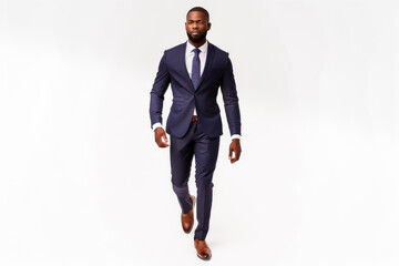 Confident businessman in a navy suit walking forward. Stands isolated on a white background looking determined and professional.