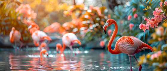 Pink flamingos wade through a shallow pond surrounded by lush green foliage and colorful flowers