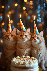 Wall Mural - Three cats in birthday hats in front of a birthday cake