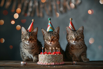 Wall Mural - Three cats in birthday hats in front of a birthday cake