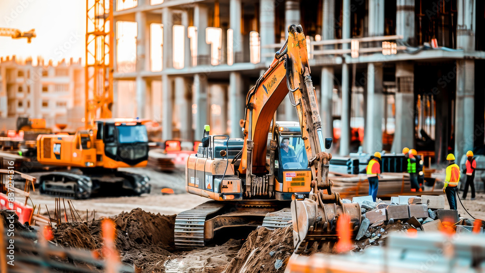 Busy construction site with heavy machinery and workers building a new ...
