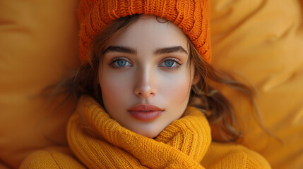 Wall Mural - Blond woman. Winter clothing (outfit). Portrait close up. Orange
