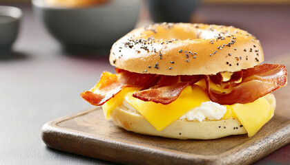 Breakfast sandwich with bacon, egg, and cheese on a bagel.