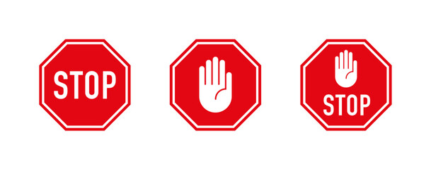 red stop sign. white text and hand symbol on red traffic sign. vector illustration.