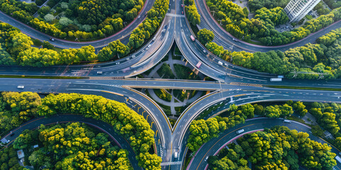 Aerial top view of multilevel empty junction ring road in sunny summer day