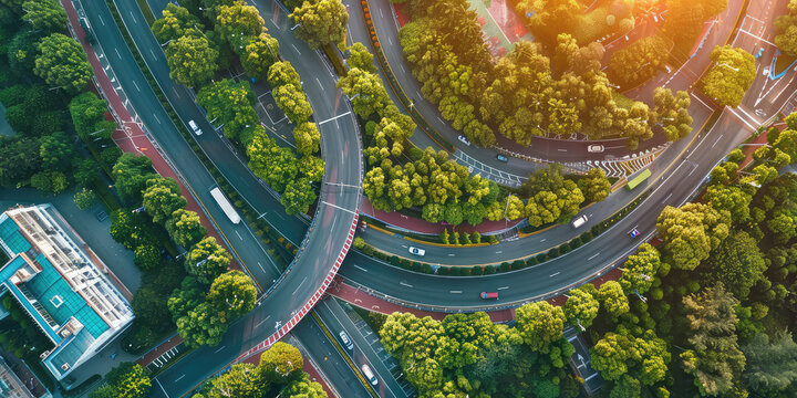 Aerial top view of multilevel empty junction ring road in sunny summer day
