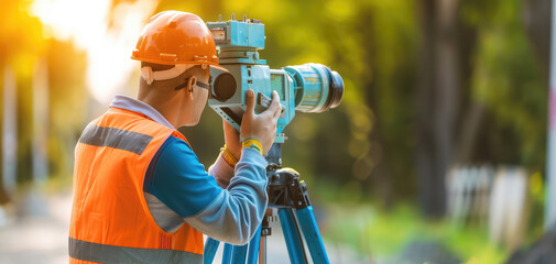 Surveyor builder worker Engineer with theodolite transit equipment at construction site outdoors, surveying and topographic work