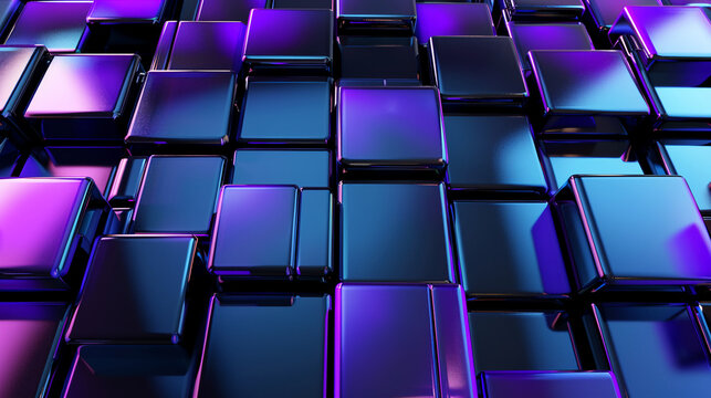 3d rendering of blue and purple glass squares on black background. Abstract futuristic geometric pattern, cubism composition. Geometric shape, high tech design element