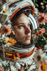 Astronaut in space suit among vibrant flowers in summer meadow. Surreal portrait of a space traveler