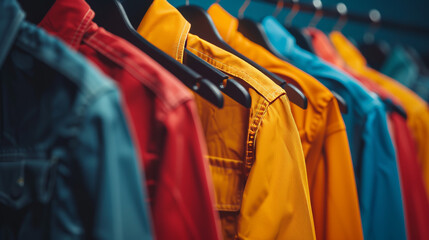 Wall Mural - A rack of clothes with a yellow jacket in the middle