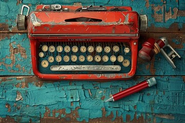 Old Red Typewriter on Wooden Table