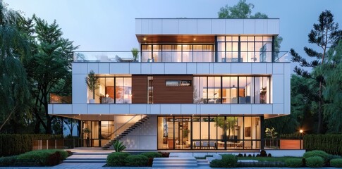 A modern white building with large windows and wooden accents