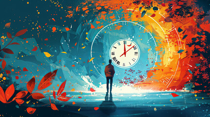 Stylish illustration of a person facing a vibrant clock portal amidst a flurry of leaves.