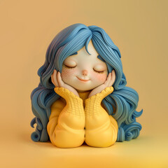 Canvas Print - An adorable illustration of a cartoon female character with blue wavy hair wearing a yellow jacket is smiling with a face filled with lots of happiness and blushing cheeks.