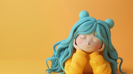 Canvas Print - An adorable illustration of a cartoon female character with blue wavy hair wearing a yellow jacket is smiling with a face filled with lots of happiness and blushing cheeks.