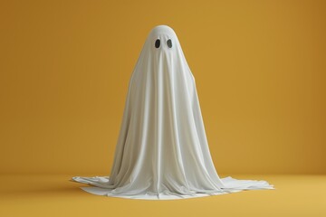 Wall Mural - In this delightful 3D illustration mockup and rendering, a friendly ghost, adorned in a white sheet, stands in a charming scene against an isolated yellow background.