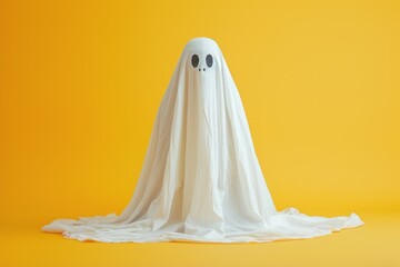 Wall Mural - In this delightful 3D illustration mockup and rendering, a friendly ghost, adorned in a white sheet, stands in a charming scene against an isolated yellow background.