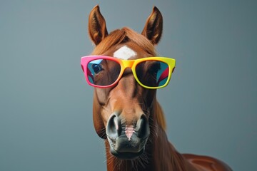 Horse Wearing Sunglasses, Stylish Animal Fashion, Vibrant Neon Background, Playful and Modern