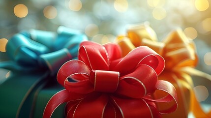 Sticker - Three vibrant gift boxes with bows displayed on a table.