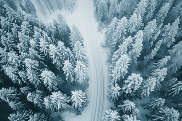 Poster - Aerial view of snow forest with a road. Winter concept