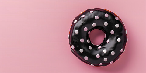 Wall Mural - Black chocolate donut with white dots on pink background. Banner, copy space