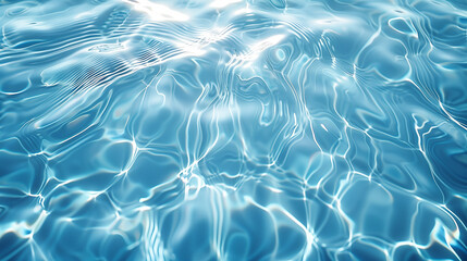 Water surface texture with ripples, clear transparent blue water. Summer background. Water ripples with sunlight, copy space and product.