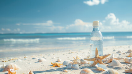 Wall Mural - Pristine white beach with turquoise ocean on a sunny day, sea shells and colorful starfish. Summer vacation background