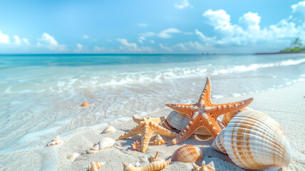 Wall Mural - Pristine white beach with turquoise ocean on a sunny day, sea shells and colorful starfish. Summer vacation background