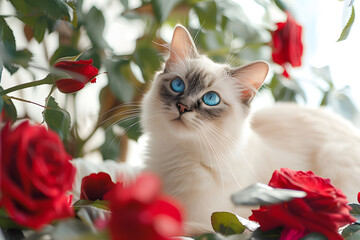 Wall Mural - Siamese Cat with Striking Blue Eyes Poses Elegantly Among Vibrant Red Roses in a Bright, Softly Lit Setting