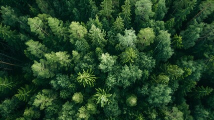 Aerial top view of summer green trees in forest in rural Finland. Drone photography 