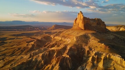 Aerial view of a sandstone Butte in Utah desert valley at sunset, 