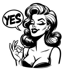 Wall Mural - girl say yes, portraits in retro vintage style, black pin-up vector
