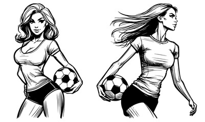 Wall Mural - football soccer girl portraits with ball in retro vintage style, black pin-up vector sketch character design