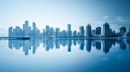 Blue tone panorama of waterfront city skyline with reflection. Image composite. 