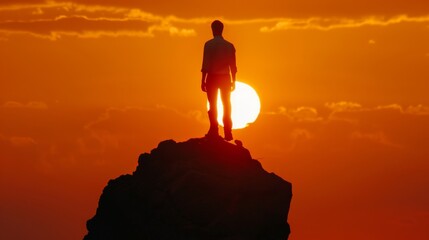 man standing on rock looking straight. Nature and beauty concept. Orange sundown. silhouette at sunset 