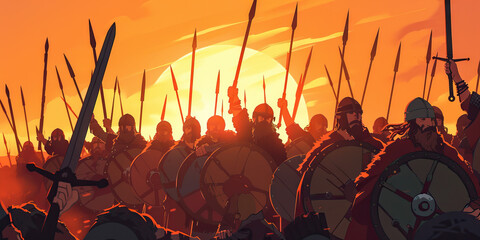 Wall Mural - A group of Viking warriors, raising their weapons in defiance against the setting sun.