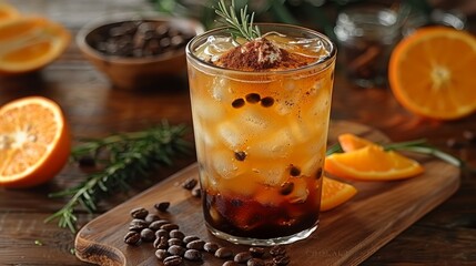 Iced coffee mixed with orange juice, two tones layer decoration with rosemary and piece of orange