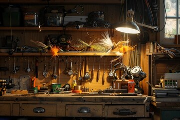 Wall Mural - A photograph of a workbench filled with different tools and equipment