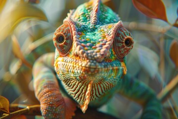 Aufkleber - A close-up view of a colorful chameleon perched on a branch, showcasing its vibrant scales and intriguing facial features