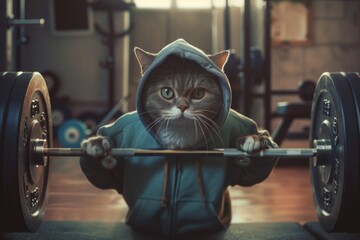 Wall Mural - A domestic cat wearing a hoodie lifts a weight barbell, showcasing its agility and strength